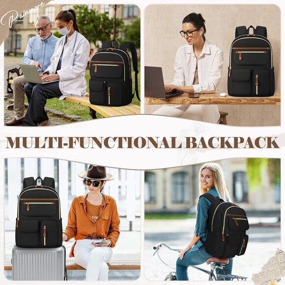 Women's Black 15.6in Waterproof Work Travel Backpacks With Usb Charger Port - Picture 6 of 6